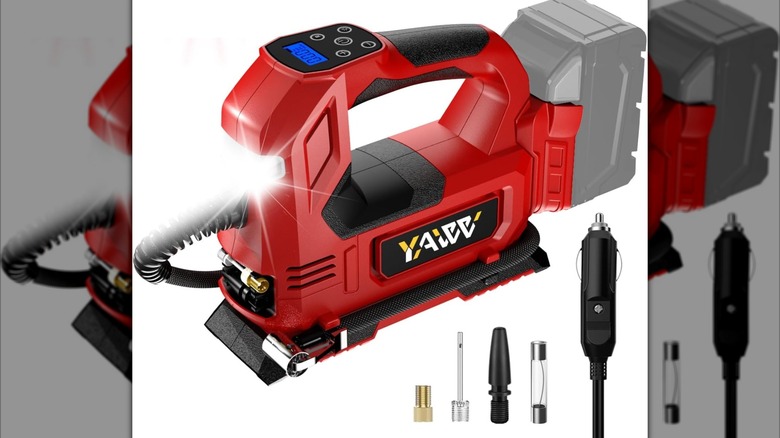 A YAWV Cordless Inflator and accessories.