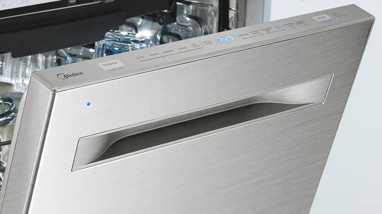Midea MDT24P3CST 24-inch Top Control Built-in Dishwasher with door slightly opened