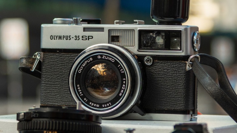an Olympus 35 SP on a platform