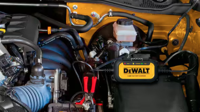 DeWalt battery charger and maintainer hooked up to car battery