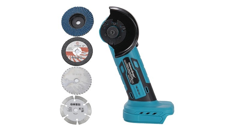 Teal and black angle grinder with four blades
