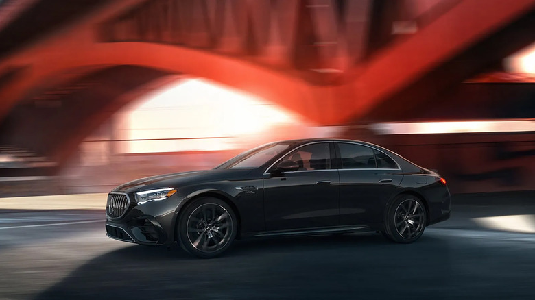 A black 2026 Mercedes-AMG E 53 driving