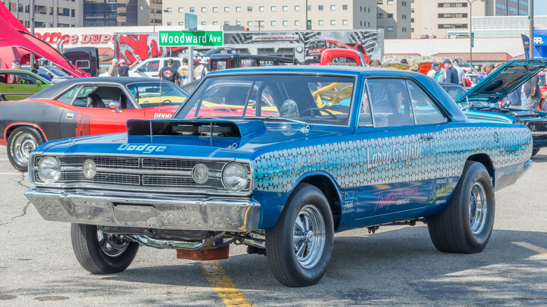 1968 Dodge Dart Hemi with drag racing modifications and racing livery on display at car show