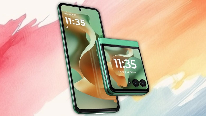 Motorola Razr 2025 side by side showing the phone open and closed on a painted background.