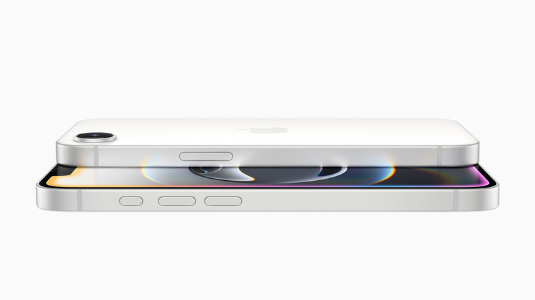 iPhone 16e laid on its side horizontally