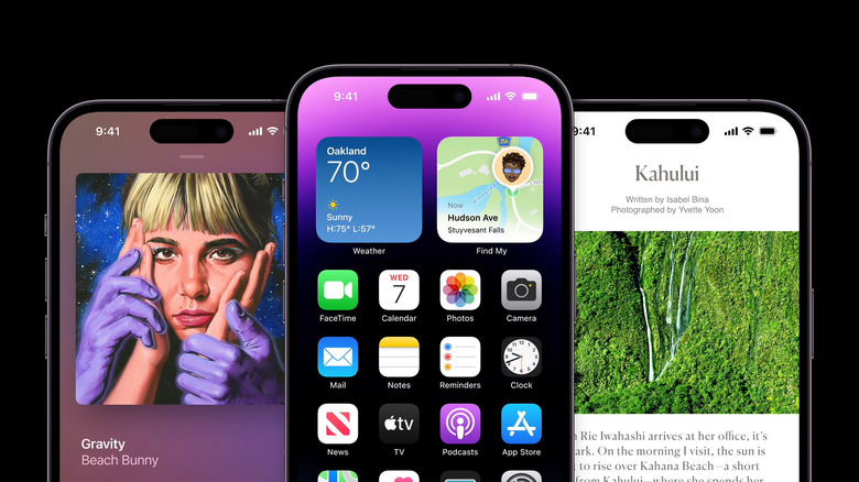 Three iPhone 14 Pro smartphones showcasing Dynamic Island