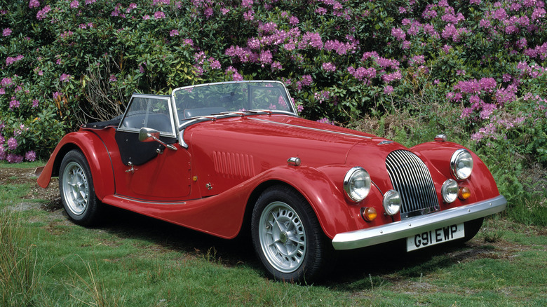 Front 3/4 view of Morgan Plus 8 parked on grass with flower bushes in background