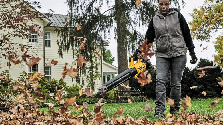 homeowner using DeWalt leaf blower
