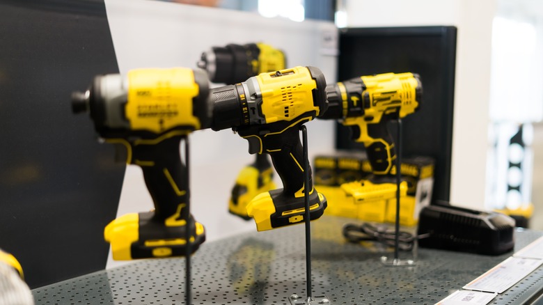 Yellow power tools range at hardware store 