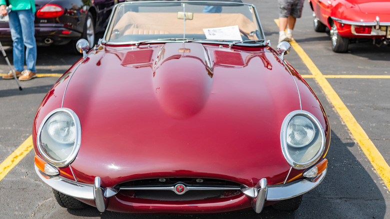head on view of Jaguar E-Type with distinctive hood