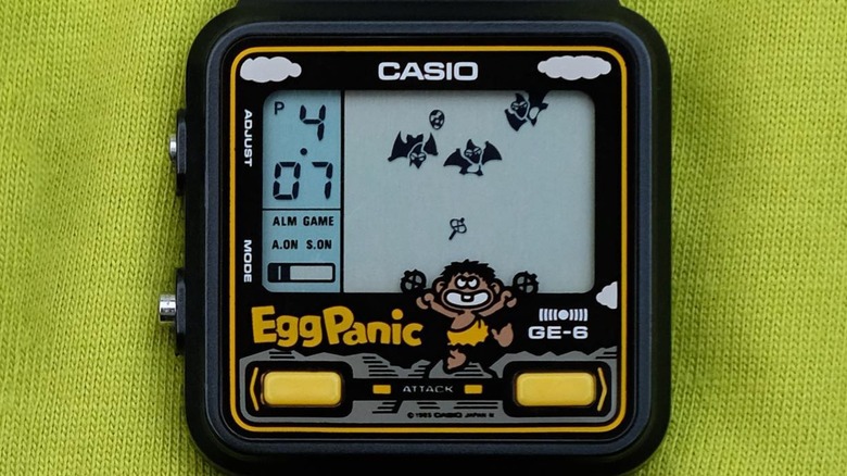 Casio Egg Panic video game watch on a green background