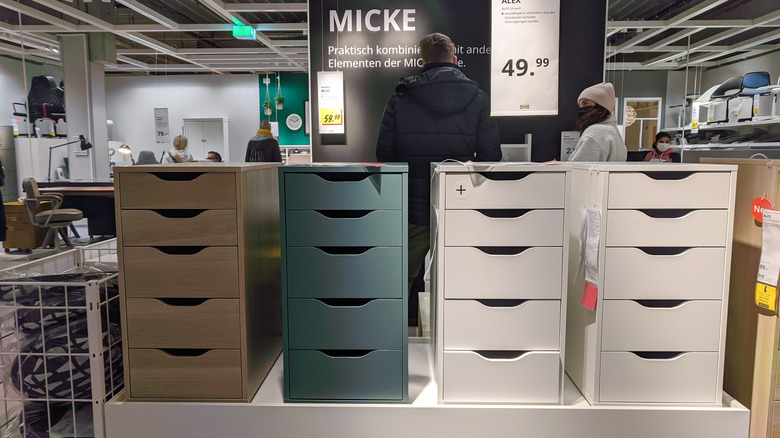 Ikea Alex drawers on display in different colors.