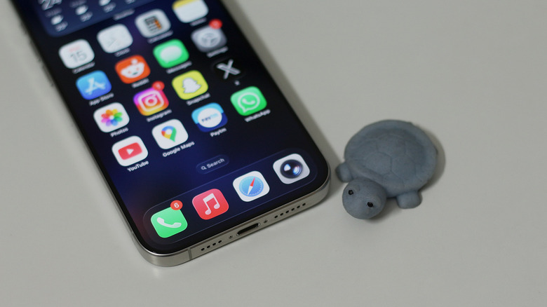 iPhone next to a toy tortoise