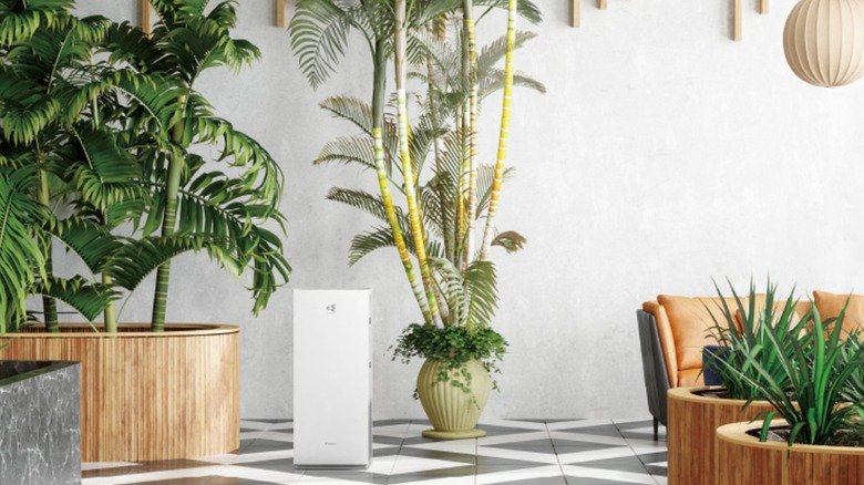 A Daikin air purifier in a lobby next to potted plants.