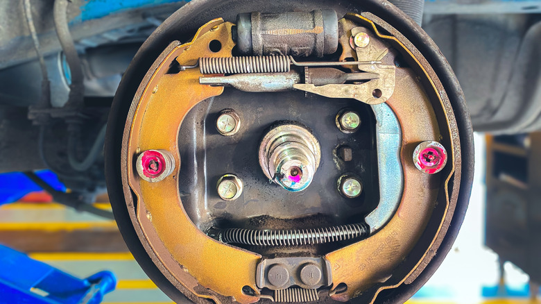 Car drum brake interior with brake drum removed