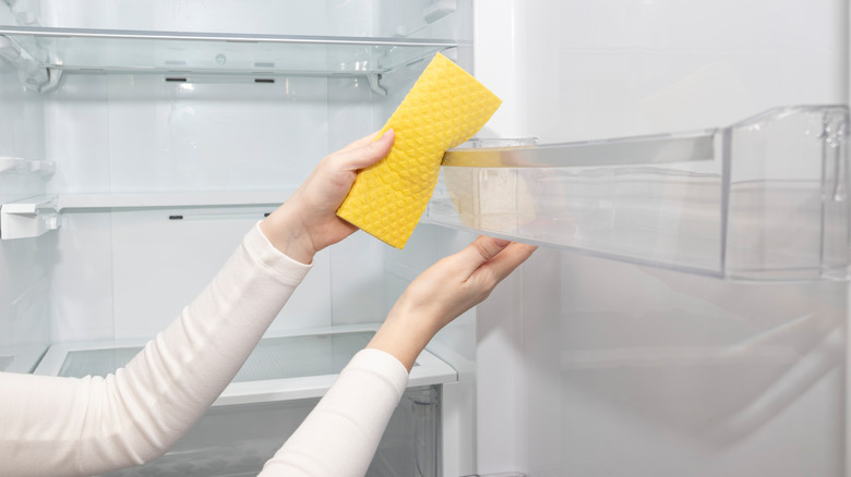 Person wiping clean an empty fridge's side tray with a yellow sponge.