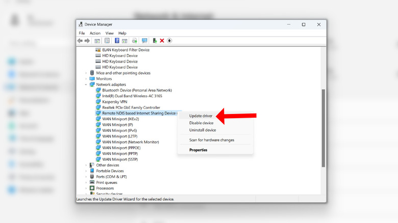 Option to update Internet Sharing Device driver on Windows