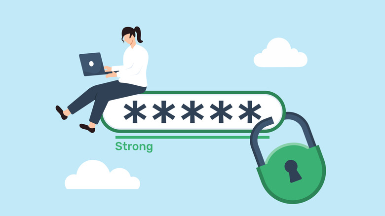 A clipart graphic of a woman using a computer while sitting on top of a password entry field