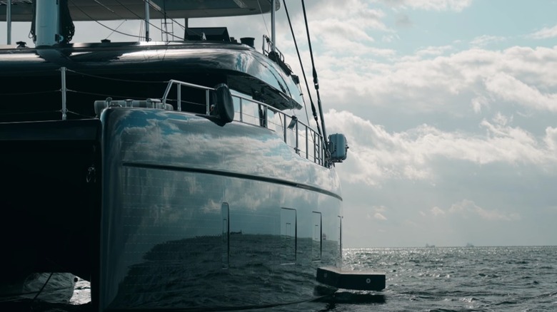 Close up of a luxury yacht on the water.
