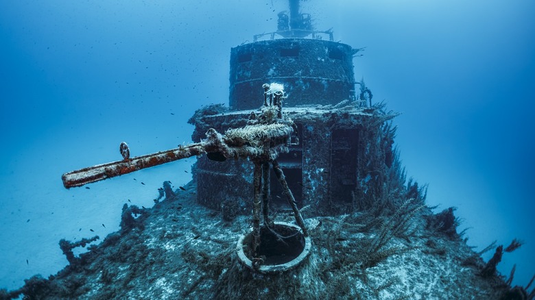 The underwater remains of an old U-boat, its deck gun rusted and covered with sea life