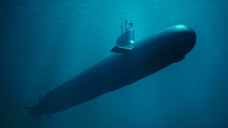 An underwater submarine showing its hydroplanes for maneuvering