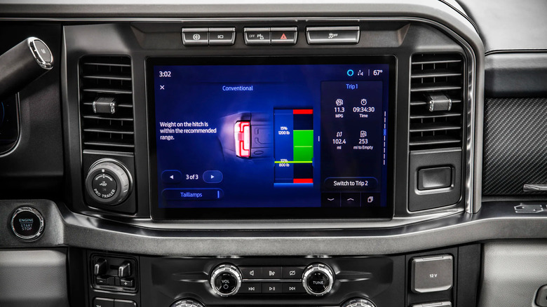A close-up on a Ford pickup truck center screen showing Smart Hitch functionalities.