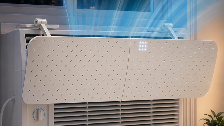 A PeachBasket AirFlow Pro Window Air Conditioner Deflector on a window AC.