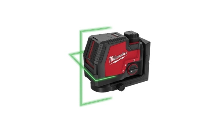 A black and red Milwaukee laser leveling device on a white background