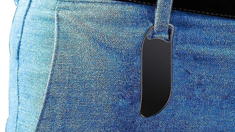 Vandlion keychain voice recorder attached to a pant buckle