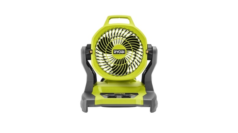 Green and black Ryobi brand fan on white background