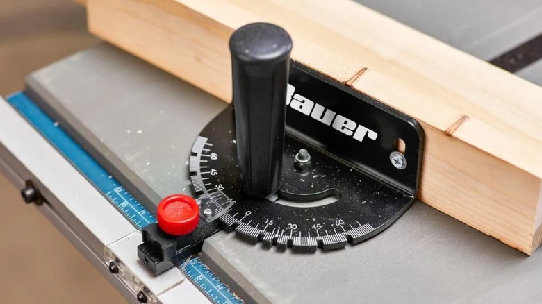 Close up of Bauer Miter Gauge with wood fence