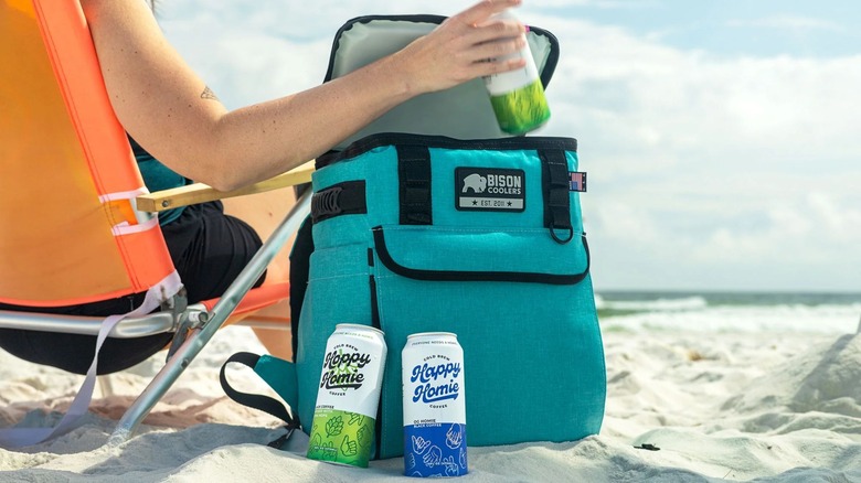 blue bison cooler on the sand