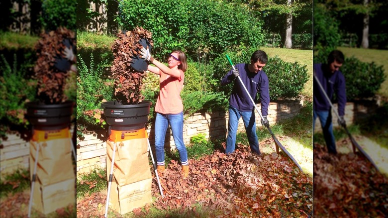 people cleaning yard with leaves