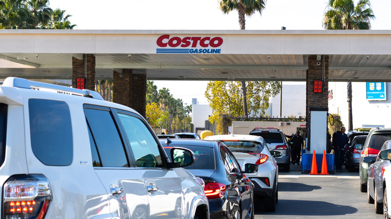 Close up view of Costco Gasoline packed with vehicles
