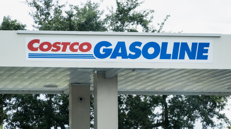Close up view of Costco Gasoline packed with vehicles