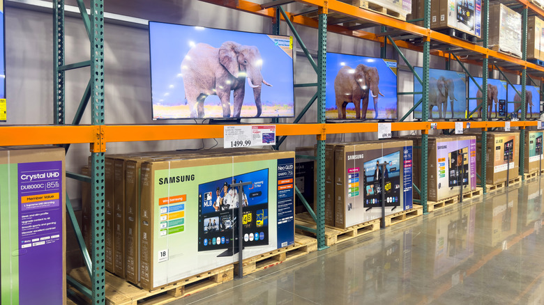 Costco televisions on warehouse shelves