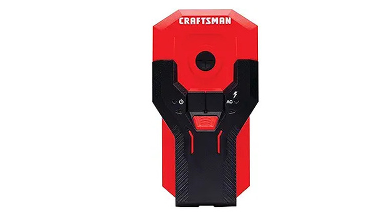 Red and black stud finder with a white background