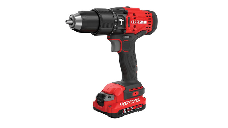 Red and black craftsman Cordless Hammer Drill with white backgroundd