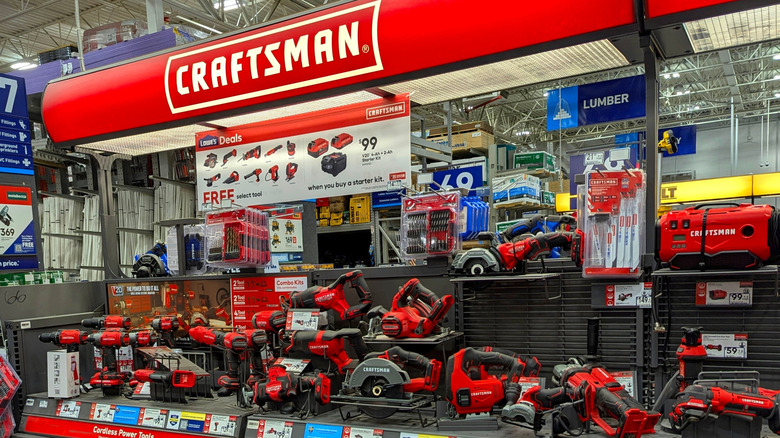 Red Craftsman stall in the middle of a store with multiple tools