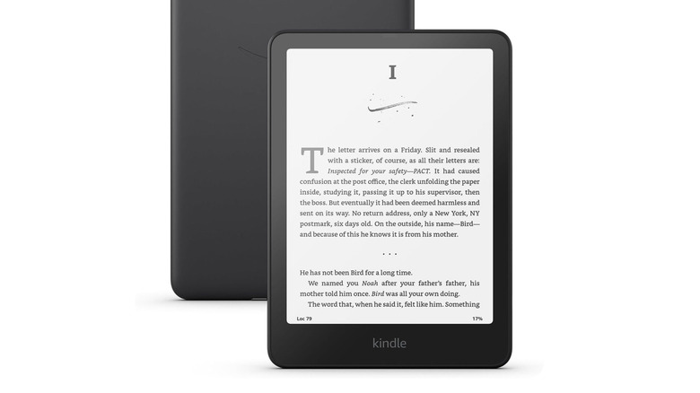 The Amazon Kindle back-to-back with a flipped-over Kindle, white background