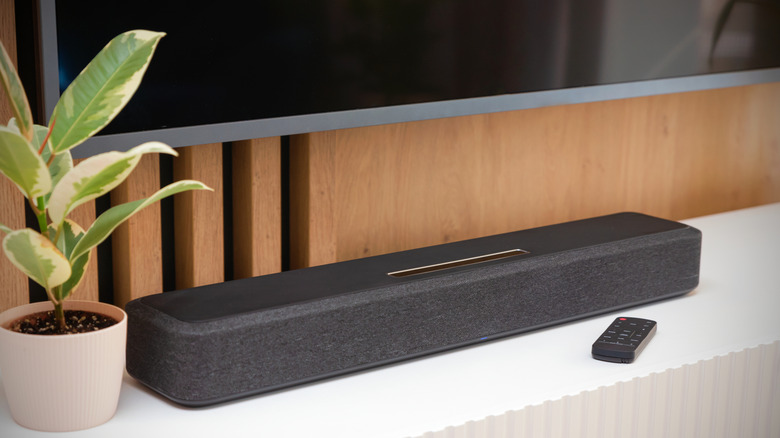 A sound bar in front of a TV with a potted plant to the left