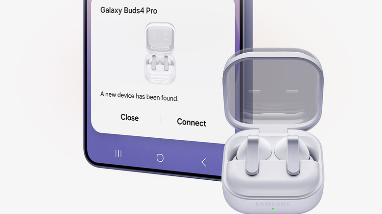 Samsung buds being paired to a Samsung phone over a white background