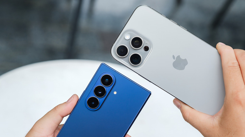A Samsung Galaxy Z Fold7 and an iPhone 16 Pro Max