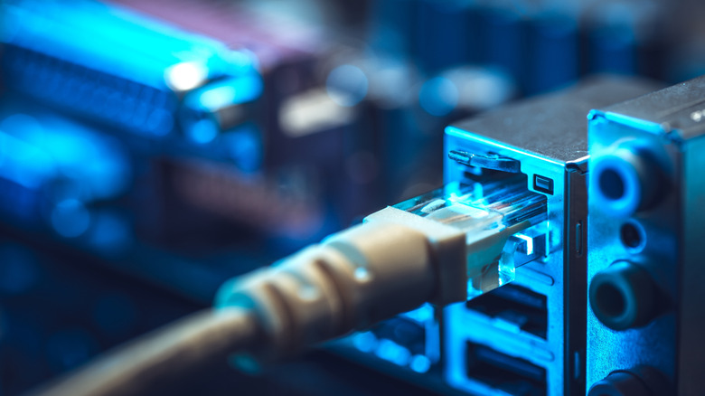 A close-up of an Ethernet cord plugged into the appropriate port on a computer's motherboard