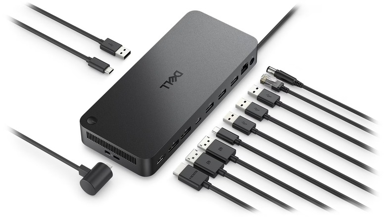A picture of a Dell laptop docking station showing several different cables coming towards their respective ports