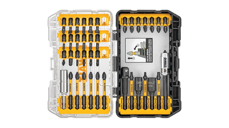 A DeWalt bit holder box, opened, full of bits.