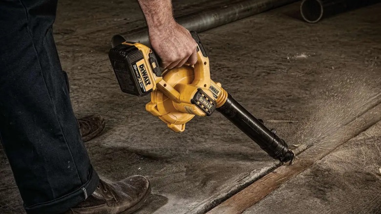 A person using a DeWalt blower on the ground.
