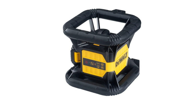 A yellow and black laser level on a white background.