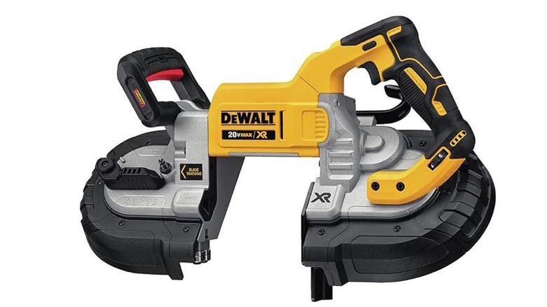 A yellow and black DeWalt Band Saw on a white background.