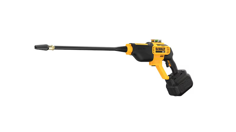 A yellow and black DeWalt pressure washer on a white background.